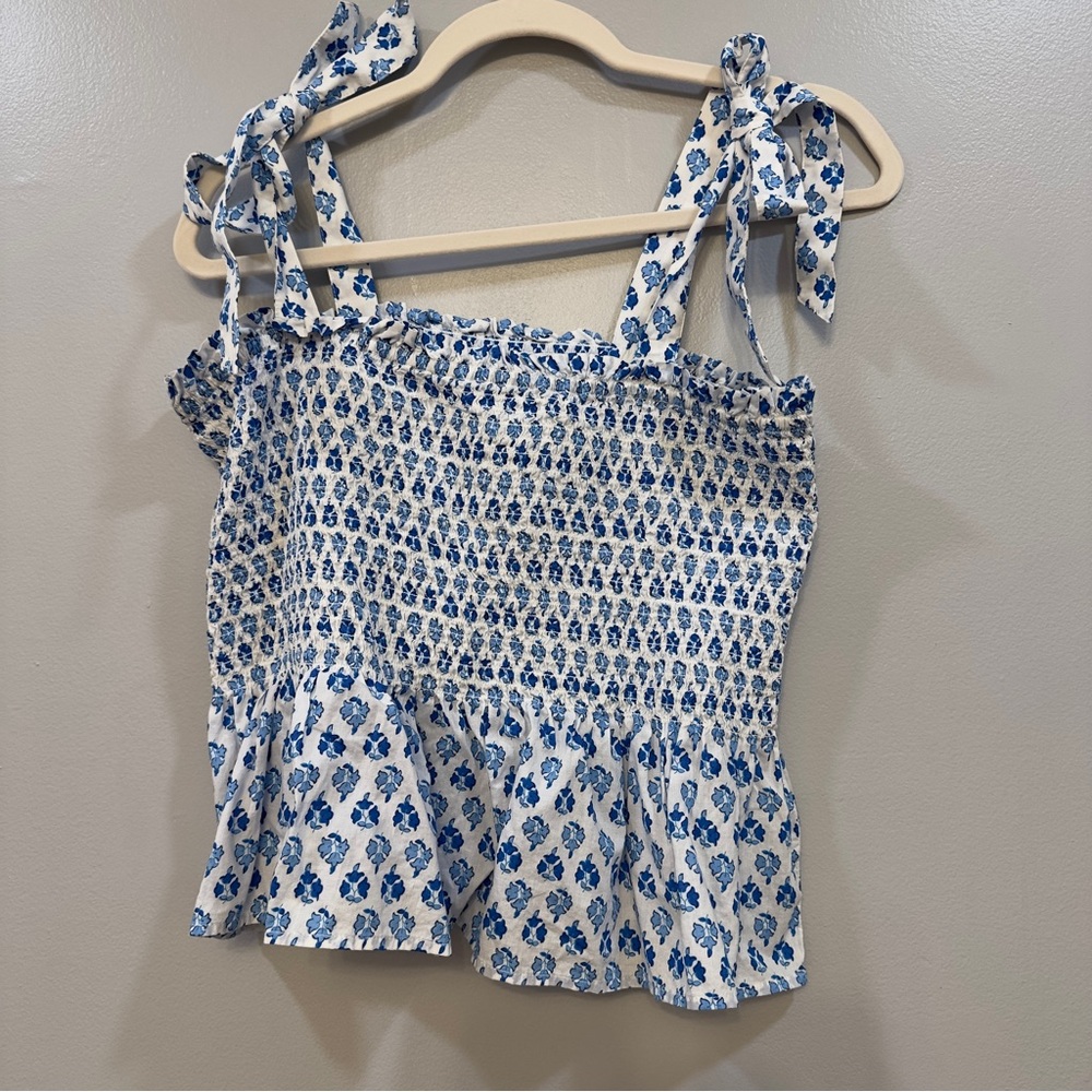 J. Crew White and Blue Patterned Blouse size L